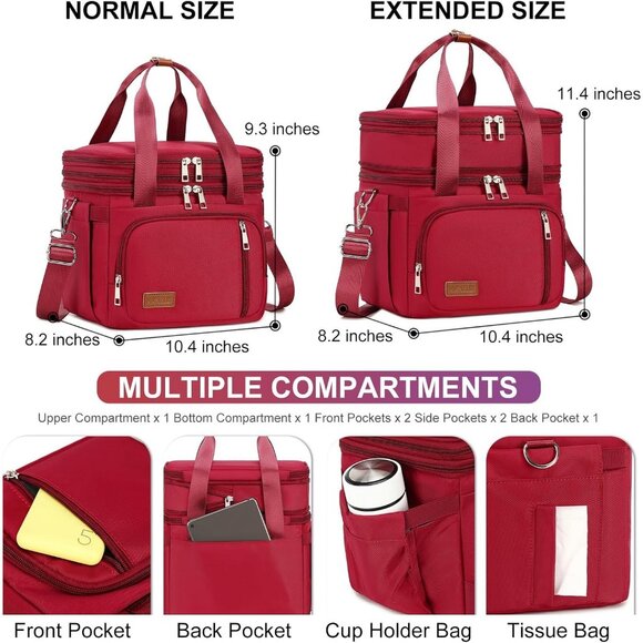 Double Deck Insulated Lunch Box for Men & Women, Leakproof Tote Cooler (Red) - Picture 5 of 7